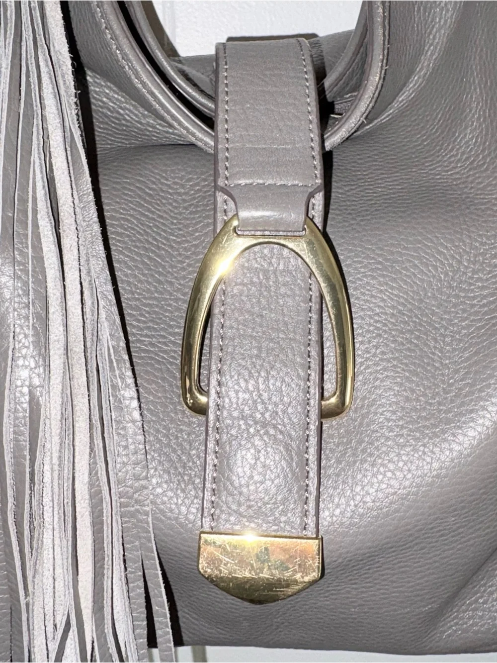 G.I.L.I. Genuine Leather Stirrup Fringe Hobo Shoulder Bag Gray Gold Hardware